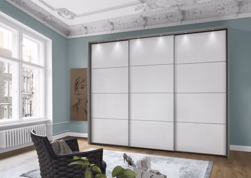 Schwebetürenschrank - B ca. 260 cm, Glas Weiß, Kieselgrau