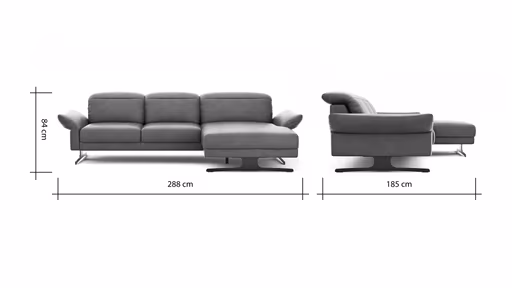 Ecksofa Rockport B - 2,5-Sitzer mit Longchair rechts inkl. Kopfteil/Sitztiefe/Armlehne verstellbar, Leder, Grau