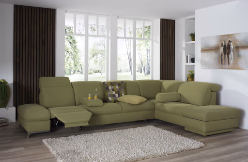 Ecksofa - 3,5-Sitzer mit Ecke rechts, Kopfteil/Armlehne verstellbar, Relaxfunktion motorisch, Stoff, Olive