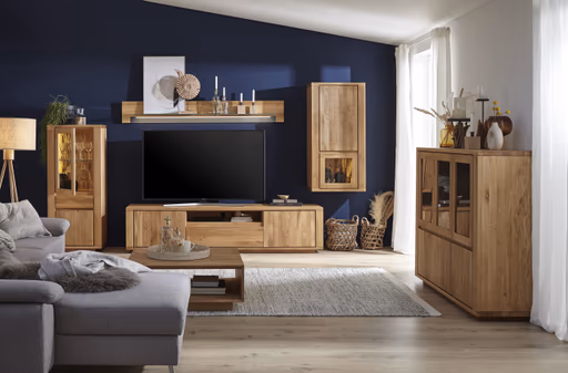 Wohnwand Bakersfield - inkl. Beleuchtung, sichtbare Rückwände mit Holzschindeln/Schubladenfront mit Schroppung, Asteiche massiv, geölt