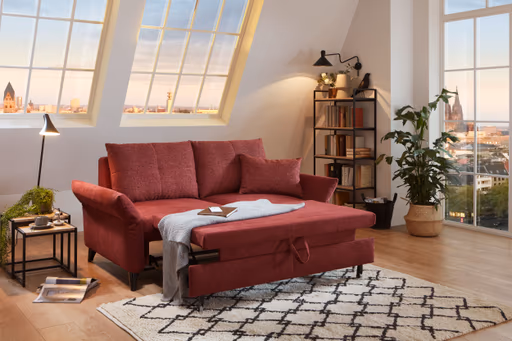 Sofa - 2-Sitzer, Schlaffunktion (manuell), Flachgewebe, Weinrot