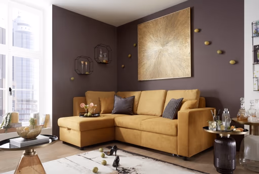 Ecksofa PRO FLEXX - Ecke links, 2-Sitzer inkl. Schlaffunktion und Bettkasten, Stoff, Senfgelb