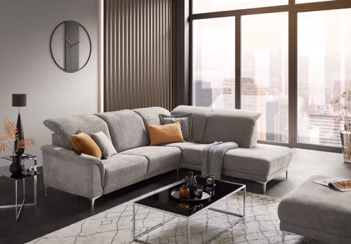 Ecksofa - 3-Sitzer mit Ecke rechts, Kopfteil verstellbar, Stoff, Grau