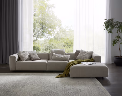 Ecksofa Caruso - 3-Sitzer, Longchair rechts, inklusive Kissen, Stoff, Graubeige