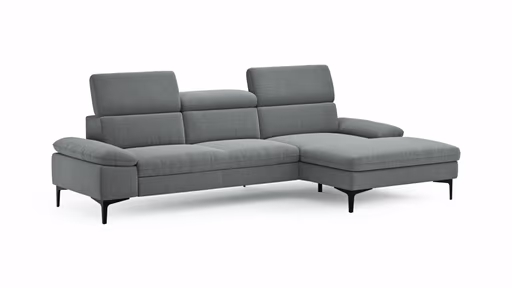 Ecksofa Felipa - 2,5-Sitzer mit Longchair rechts inkl. Kopfteil verstellbar, Stoff, Grau