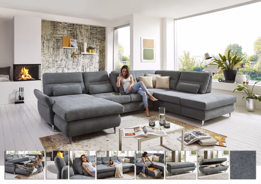 Wohnlandschaft - Longchair links mit 2,5-Sitzer und Ecke rechts, inkl. Sitztiefe verstellbar, Stoff Grau