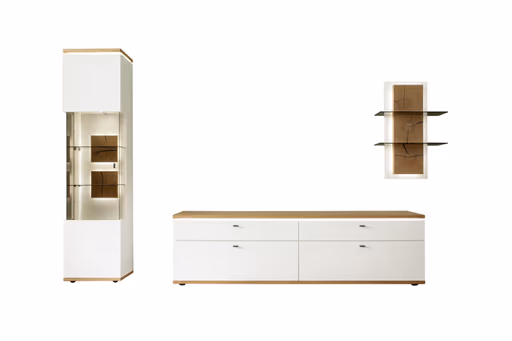 Wohnwand mit Beleuchtung - Weiß, Absetzung Wildeiche Furnier