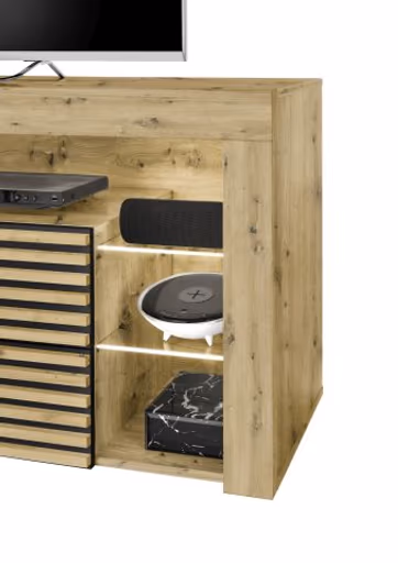 TV-Lowboard - mit Beleuchtung, B ca. 179 cm, Artisan Eiche Nachbildung, Schwarz