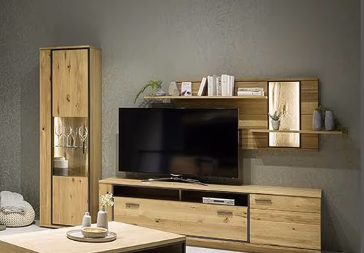 Wohnwand - mit Beleuchtung, Eiche teilmassiv