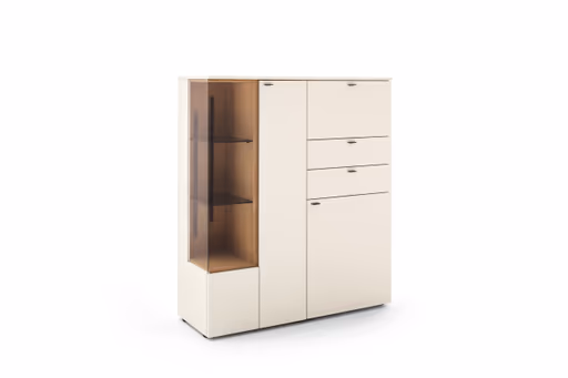 Highboard - Lack Creme, Akzent wildeiche Furnier