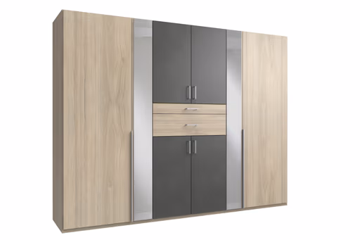 Drehtürenschrank- B ca. 270 cm, Eiche Dekor, Grau, Spiegel
