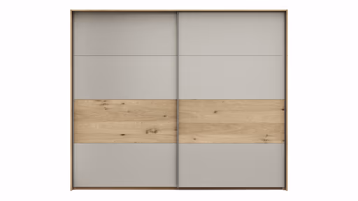 Schwebetürenschrank Viana - B ca. 248 cm, Furnier, Balkeneiche, Hellgrau