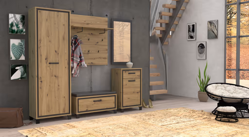 Garderobenbank FARIDA - Polstersitzfläche, Eiche Dekor, Schwarz