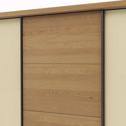 Schwebetürenschrank Lenoso -  B. ca. 260 cm, Eiche massiv, Glas, Champagner