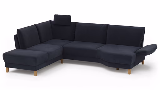 Sofa Stamford - inkl. Armlehne verstellbar und Kopfstütze, Ecksofa 2-sitzig und Abschlusshocker links mit 3,5-Sitzer, Bogen rechts, Stoff, Dunkelblau