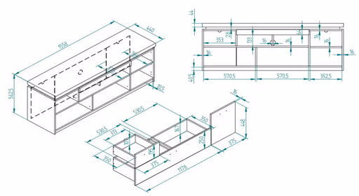 TV-Lowboard - mit Beleuchtung, B ca. 156 cm, Salbeigrün, Eiche Evoke Nachbildung