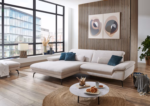 Ecksofa - Longchair links mit 1,5-Sitzer, Kopfteil verstellbar, Stoff, Ecru