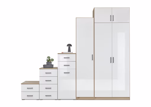 Schranksystem RHONDA- Eiche Dekor, Weiß, Hochglanz