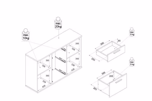 Kommode - B ca. 135 cm, Weiß, Artisan Eiche Nachbildung