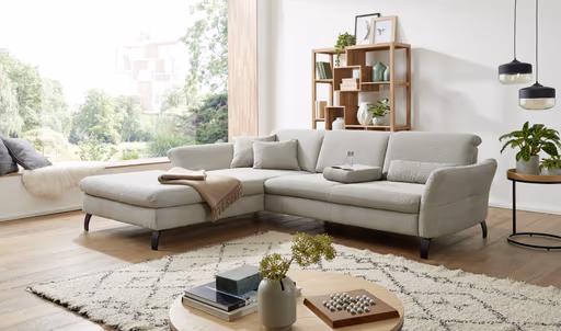 Ecksofa - Longchair links mit 2-Sitzer, Armlehne/Sitztiefe verstellbar, Stoff, Einsengrau