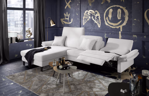 Ecksofa CALM PREMIUM 2.0 - Longchair links mit 3-Sitzer, Relaxfunktion motorisch, Armlehne verstellbar, Stoff, Hellgrau