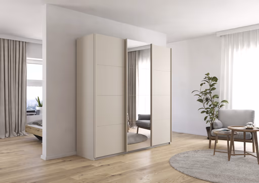 Schwebetürenschrank RIVASA- B ca. 203 cm, Champagner, Spiegel