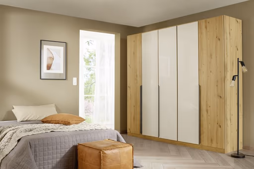 Drehtürenschrank ROMAN SPIN- B ca. 226 cm, Eiche Dekor, Glas, Champagner