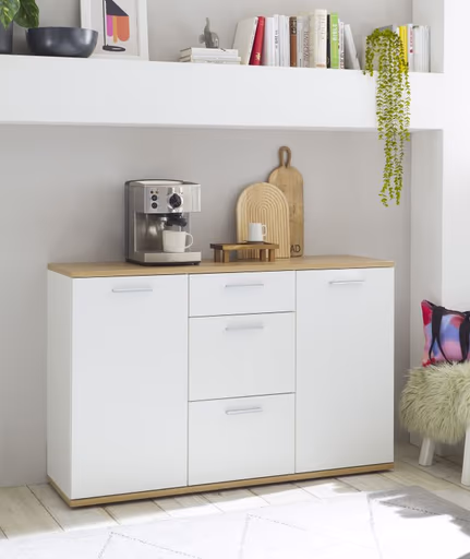 Kommode - B ca. 135 cm, Weiß, Artisan Eiche Nachbildung