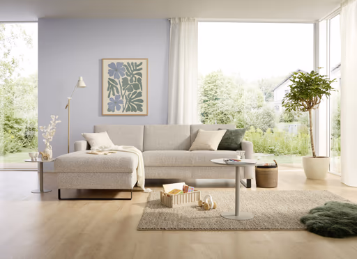 Schlafsofa Laredo - Longchair mit 2-Sitzer rechts inkl. Schlaffunktion mit Bettkasten, Stoff, Graubeige