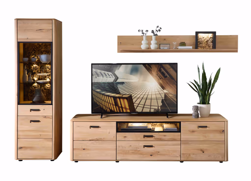 Wohnwand - mit Beleuchtung, Wildeiche massiv