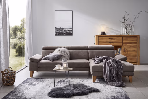 Ecksofa Hudson - 2,5-Sitzer mit Longchair rechts inkl. Kopfteil verstellbar, Stoff, Steingrau