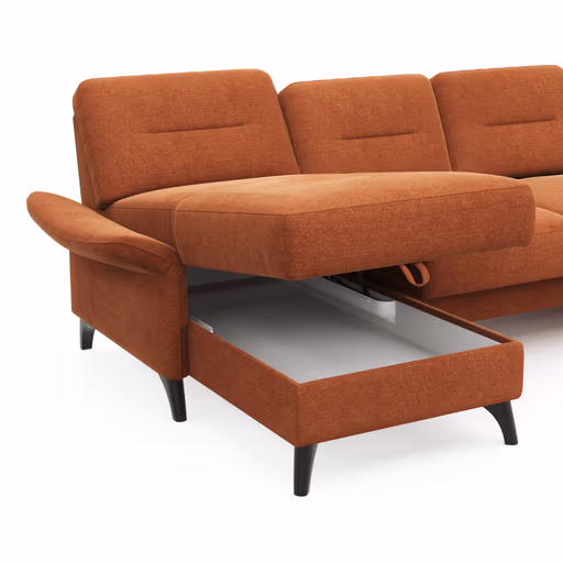Wohnlandschaft Almyra - Longchair links inkl. Bettkasten und Armlehne klappbar, 2,5-Sitzer inkl. Vorziehsitz (motorisch), Ottomane rechts, Stoff, Kupfer