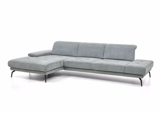 Ecksofa - Longchair links mit 3-Sitzer, Kopfteil verstellbar, Stoff, Hellblau