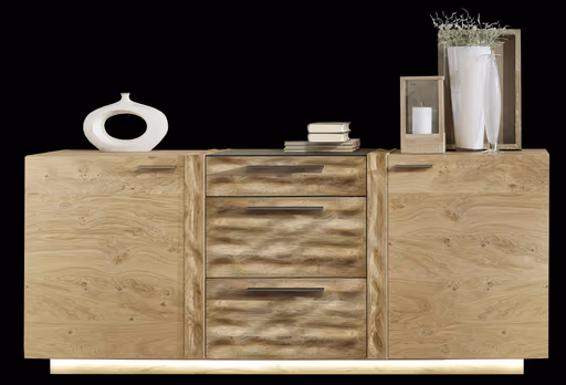 Sideboard - mit Beleuchtung, Wildasteiche Furnier, Absetzung Almschroppung 