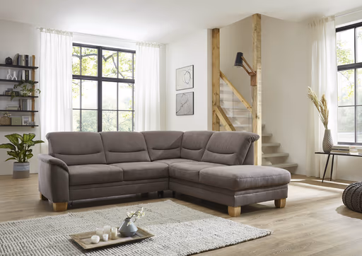 Ecksofa - 2,5-Sitzer mit Ecke rechts, Kopfteil verstellbar, Flachgewebe, Mandel