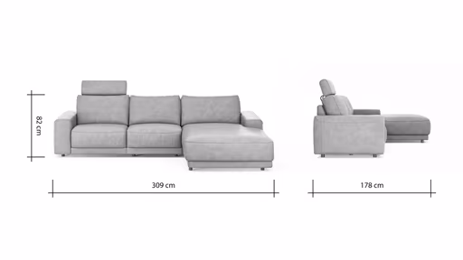 Ecksofa Balok - 2,5-Sitzer mit Longchair groß rechts, inkl. Relaxfunktion (motorisch) und Kopfstütze, Leder, Cognac