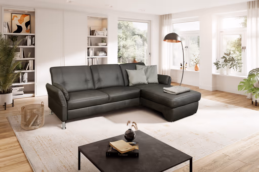 Ecksofa Caracas - 2,5-Sitzer mit Longchair rechts, Leder, Anthrazit