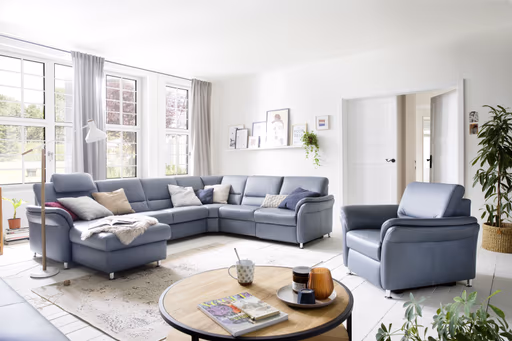 Wohnlandschaft - Longchair links mit 2,5-Sitzer und Ecke rechts, Leder, Granit