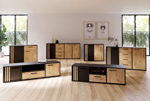 TV-Board FLORISS- Schwarz, Eiche Dekor