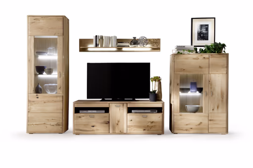 Wohnwand - mit Beleuchtung, Eiche massiv