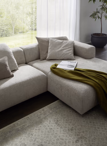 Ecksofa Caruso - 3-Sitzer, Longchair rechts, inklusive Kissen, Stoff, Graubeige
