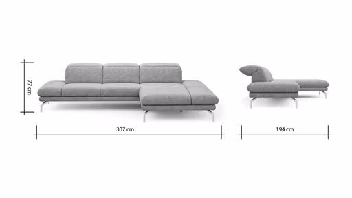 Ecksofa Elena - 2-Sitzer mit Longchair rechts, Kopfteil/Armlehne verstellbar, Stoff, Silbergrau