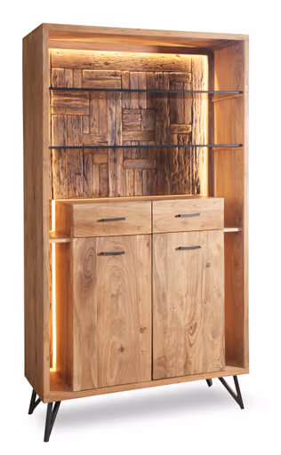 Highboard - mit Beleuchtung, B ca. 115 cm, Akazie massiv