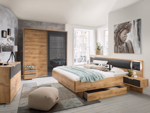 Schwebetürenschrank- Eiche Dekor, Graphit, Glas, Grau