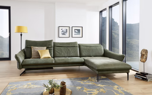 Ecksofa - 3-Sitzer mit Longchair rechts, Kopfteil/Sitztiefe verstellbar, Leder, Grün