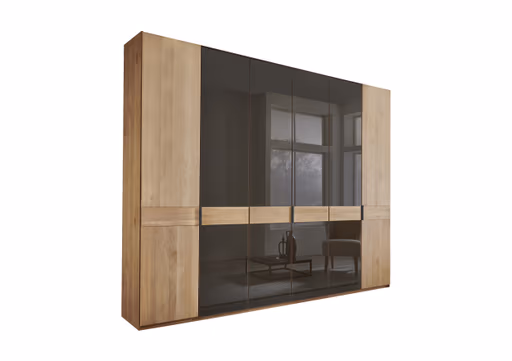 Drehtürenschrank -  B. ca. 300 cm, Erle Teilmassiv, Querriegel Massiv, Glastüren Mocca