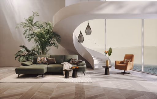 Ecksofa Theodor - Longchair links mit 2-Sitzer, Armlehne/Sitztiefe verstellbar, Stoff, Braungrün