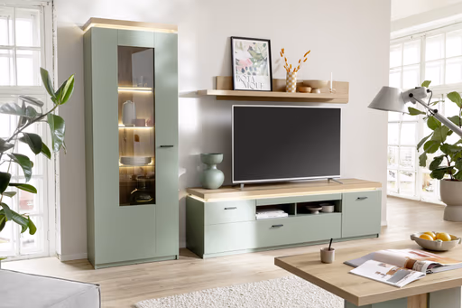 TV-Lowboard - mit Beleuchtung, B ca. 195 cm, Salbeigrün, Eiche Evoke Nachbildung