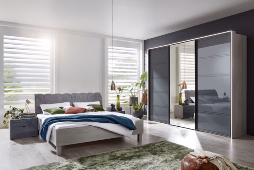 Schwebetürenschrank 3-türig EM Arango - mit Passepartout und Beleuchtung, B. ca. 298 cm, Dekor Eiche grau, Anthrazitglas, Kristallspiegel