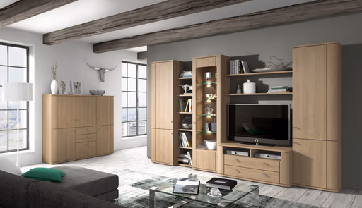 Wohnwand - mit Beleuchtung, Eiche